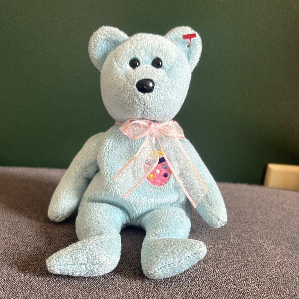 Plush Light Blue Teddy Bear with Pink Ribbon - Kids Toys